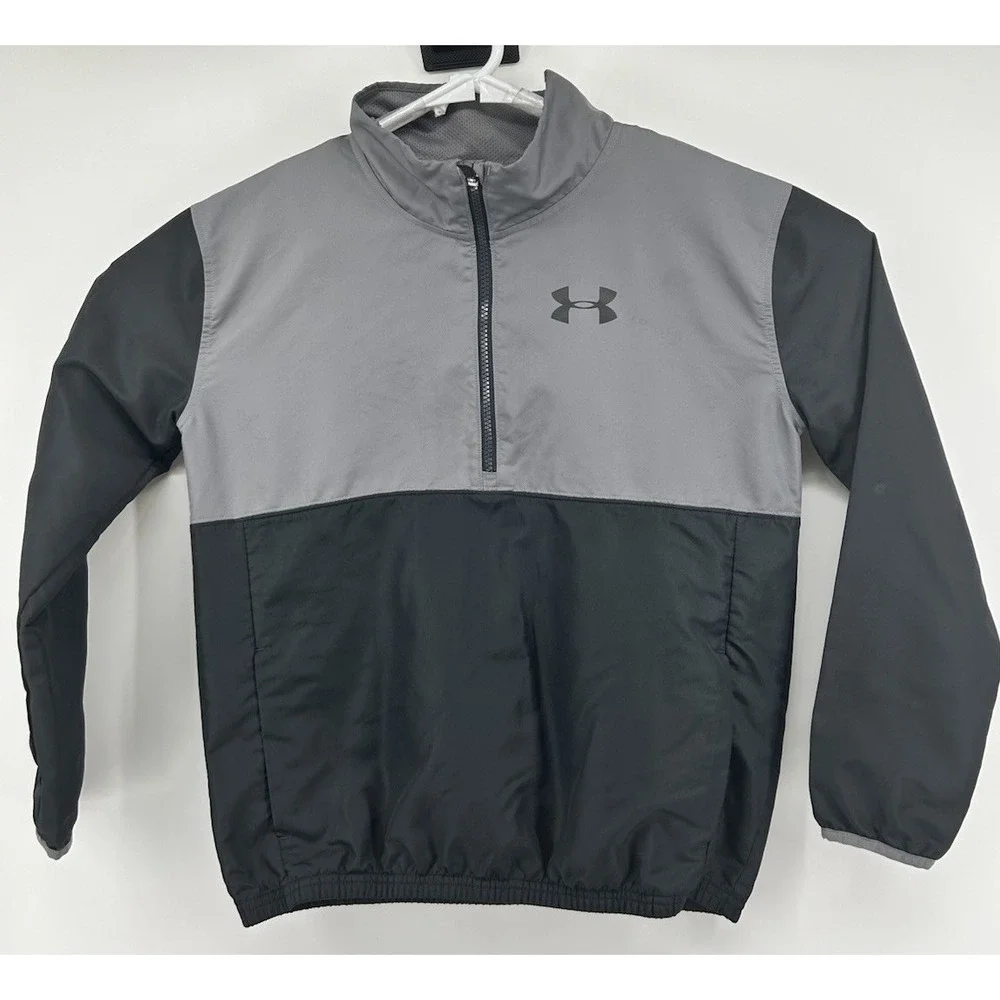 Under Armour Long Sleeve Quarter‎ Zip Pullover Windbreaker Gray Black Boys YXL